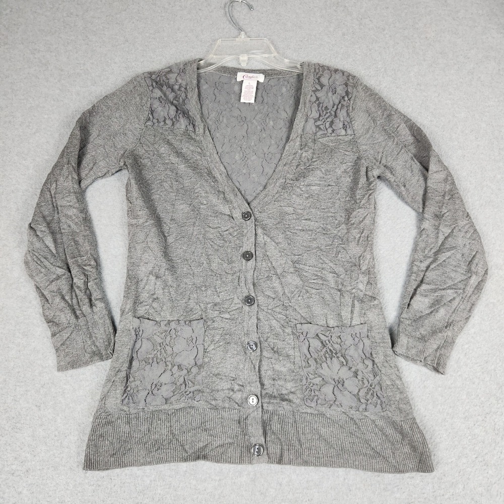 Candie's Cardigan‎ Sweater Womens Large Gray Lace Back Floral Knit Button Front